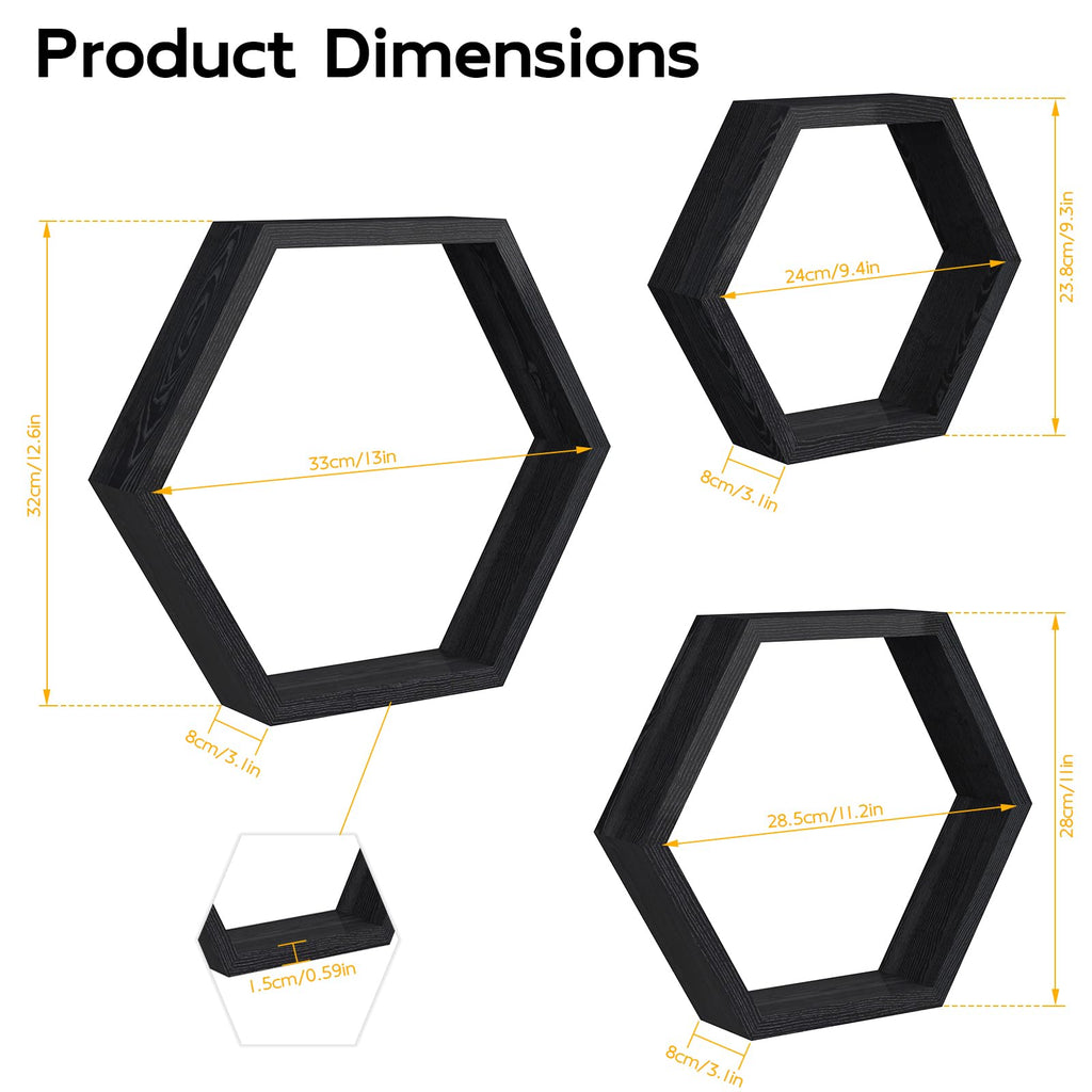 Hexagon Floating Shelves Set of 3, Wooden Honeycomb Shelves for Wall Mount, Modern Decorative Shlef, Black