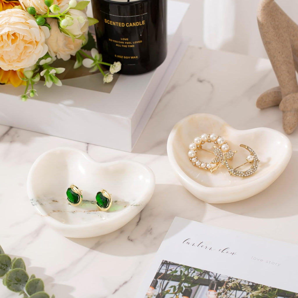 Marble Ring Holder for Women, Heart Jewelry Dish Tray, Monthers Day Gifts Small Ring Dish (White&little grey)