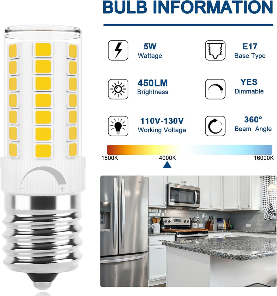 LED Microwave Light Bulb, E17 LED Bulb Dimmable, 40W Incandescent Replacement, Natural White 4000K, T7 Appliance Bulb