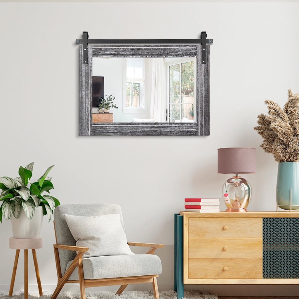 Rustic Wall Mirror with Wood Framed Barn Door Mirror Rectangular Bathroom Mirror 18"x26" Bedroom Living Room Entrance