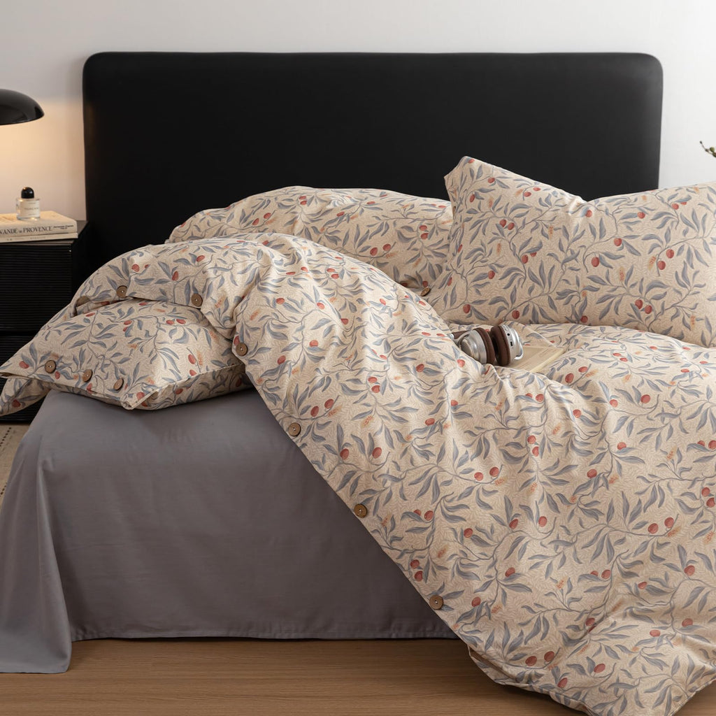 Cotton Linen Floral Duvet Cover Set - Vintage Botanical Print Bedding with Wooden Button Closure, Soft