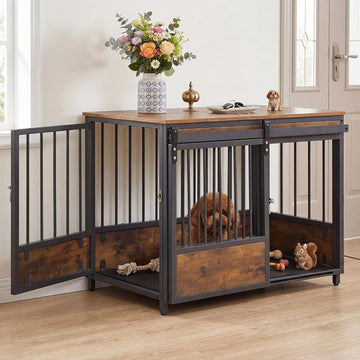 32.5" Dog Crate Furniture with Sliding Barn Door, Wooden Dog Kennel