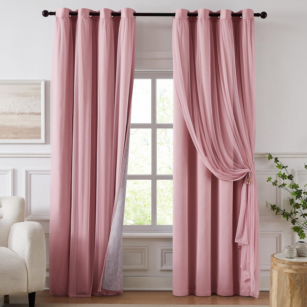 100% Blackout Curtains, Double Layer Pink Curtains, Black Out Curtain 84 inch Long with Sheer Overlay, Room Darkening