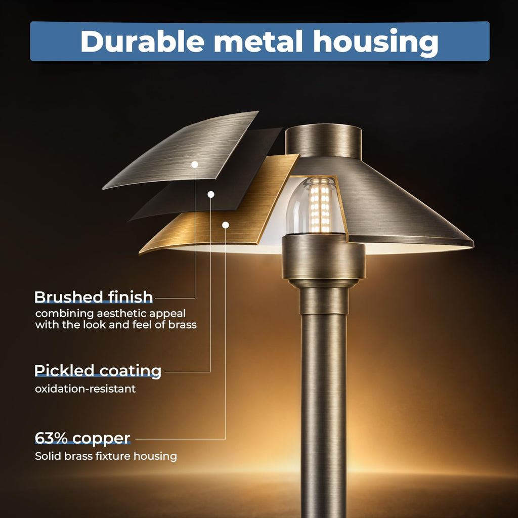 Solid Brass Low Voltage Landscape Pathway Lights (6.7'' Shade, 21.9'' Tall), 12V Commercial Grade LED Path Lights