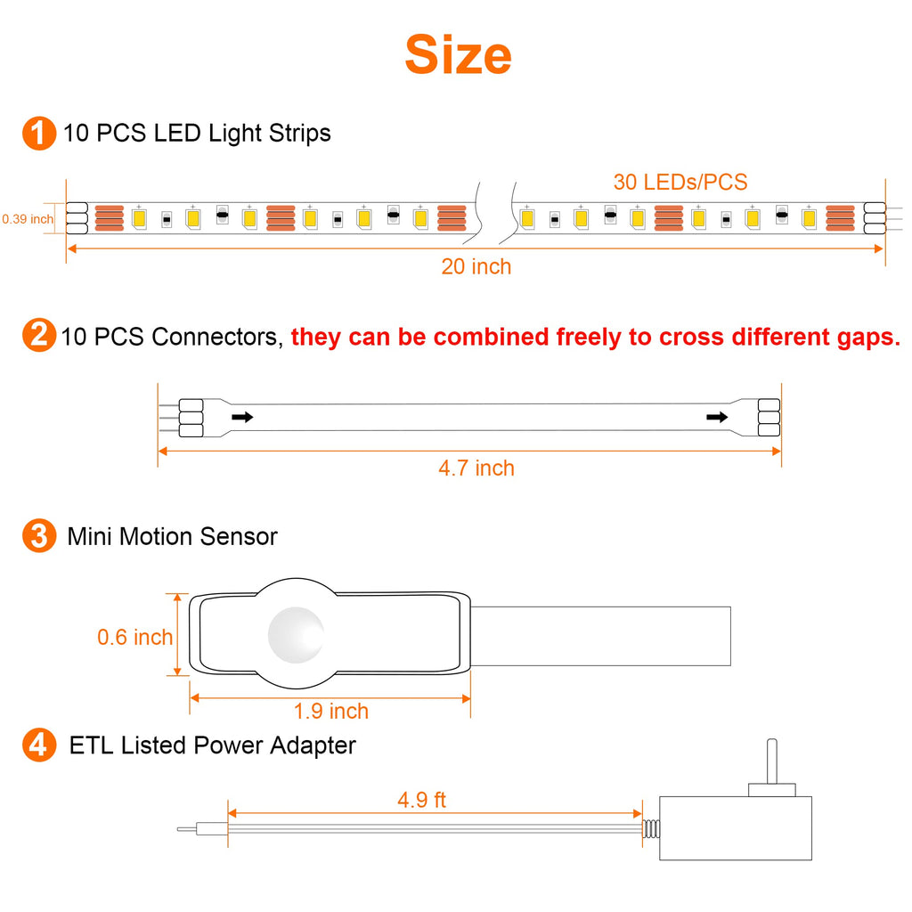 10 PCS Motion Sensor Under Cabinet Lights Kit