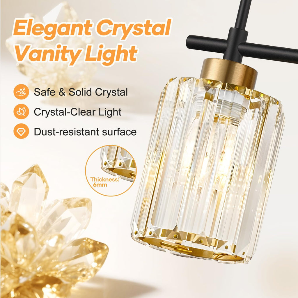 Bathroom Wall Sconces Set of 2, Black & Gold Wall Lights with Clear K9 Crystal Shades, Bathroom Light Fixtures
