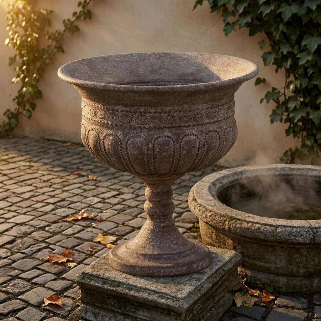 Outdoor Trophy Vase Traditional Urn Planter Pedestal Flower Pot with Textured Surface Iron Construction Wide Opening