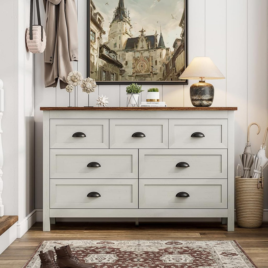 Antique White 7 Drawer Dresser, Farmhouse Wood Chest