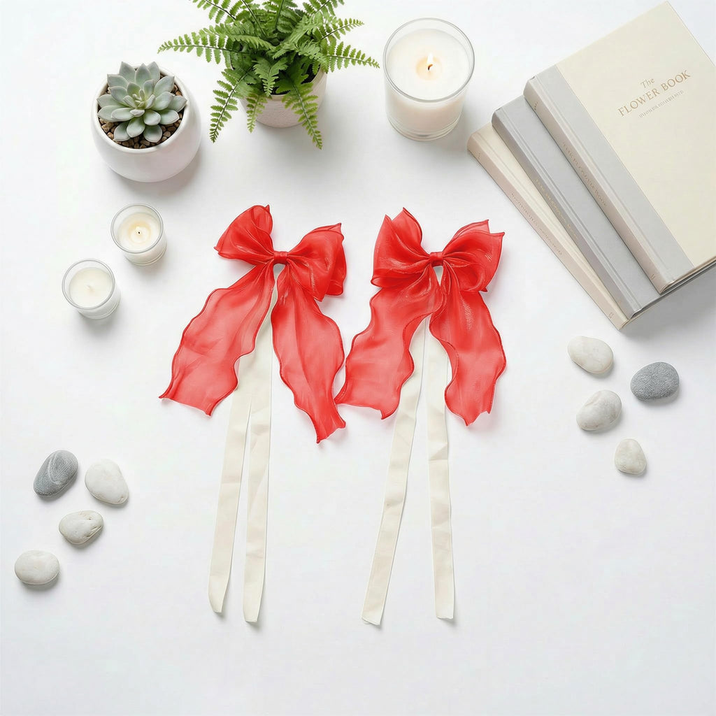 French Lace Bow Curtain Tiebacks, Red - 2 Pack