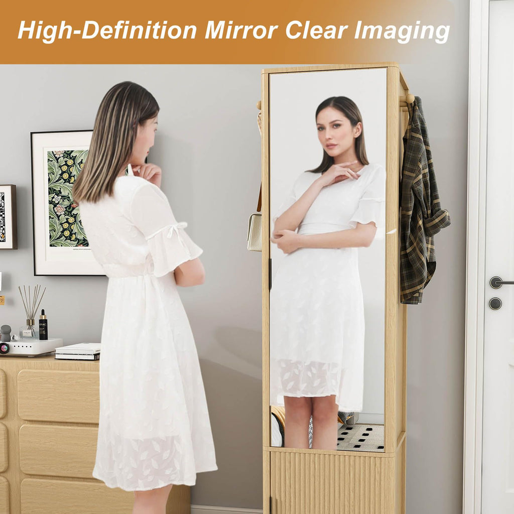 360° Rotating Mirror with Storage, 66" Jewelry Mirror Full Length, Oak