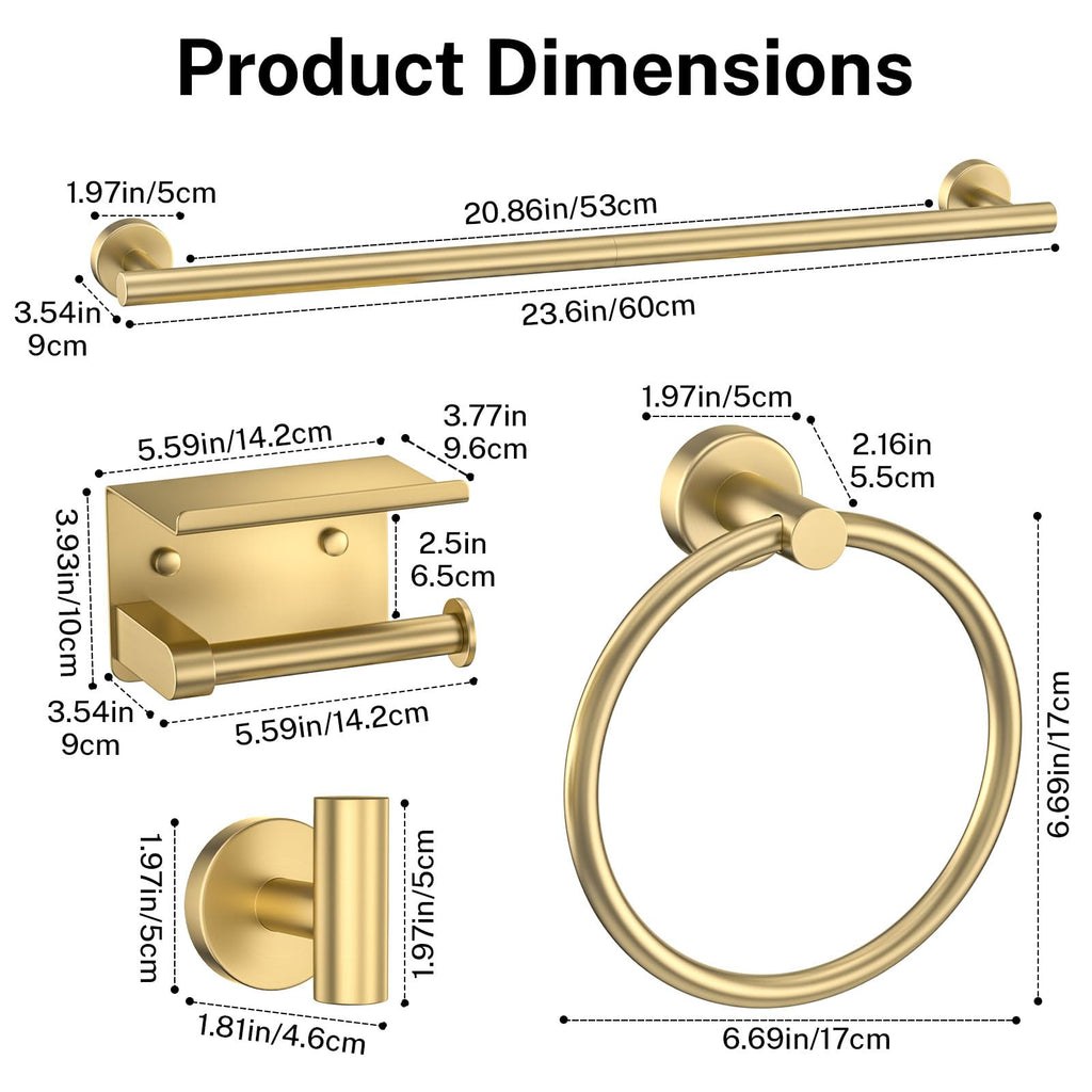 Brushed Gold Bathroom Hardware Set 5 Pieces Towel Bar Set Round Towel Holder Set, Upgraded Toilet Paper Holder with