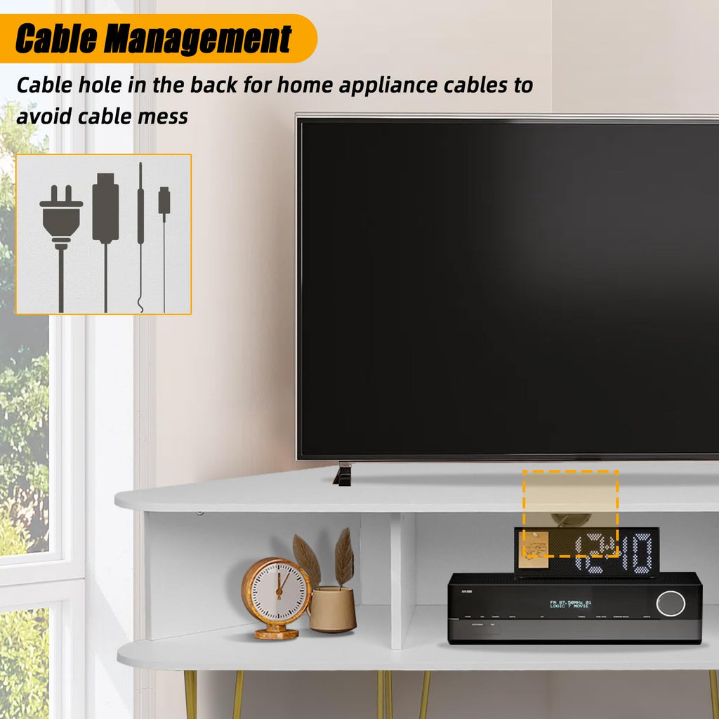 Corner TV Stand for 50 Inch TV, White and Gold Corner Entertainment Center