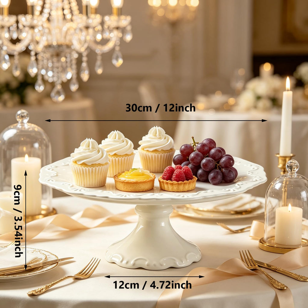 Ceramic Cake Stand Pedestal, 12 inch White Round Cake Plate for 10 in Cake