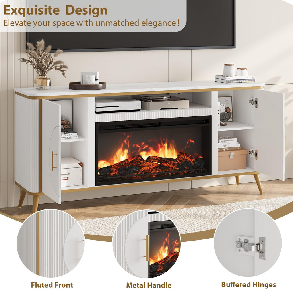Fluted Fireplace TV Stand Up to 80" TVs, Modern Entertainment Center with 30" Electric Fireplace, Luxury Media