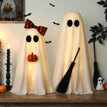 Halloween Decorations Indoor, 2 Pack Lighted Ghost Decor with Broom Pumpkin - Set of 2