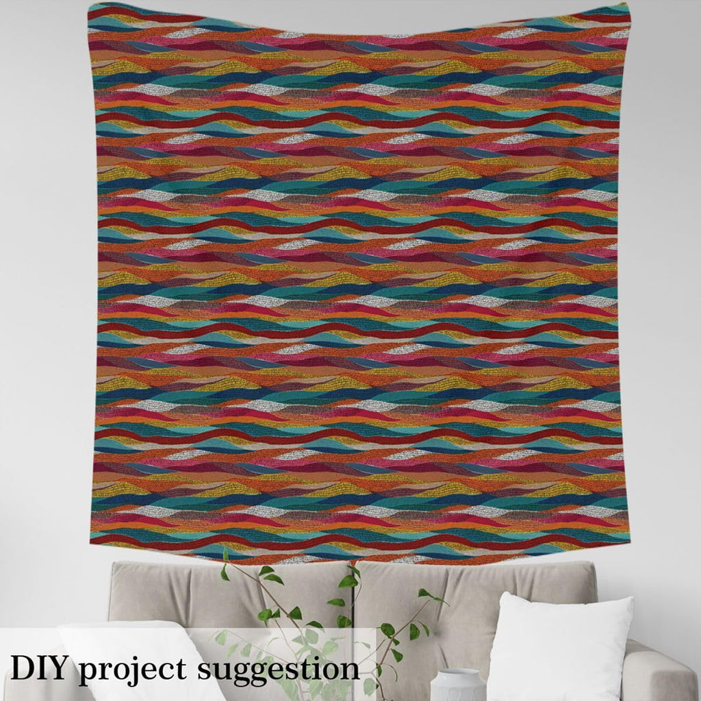 Bohemian Wavy Fabric by The Yard 36" L x 59" W, Rainbow Embroidered Waves Soft Polyester No Stretch Sewing, Geometric