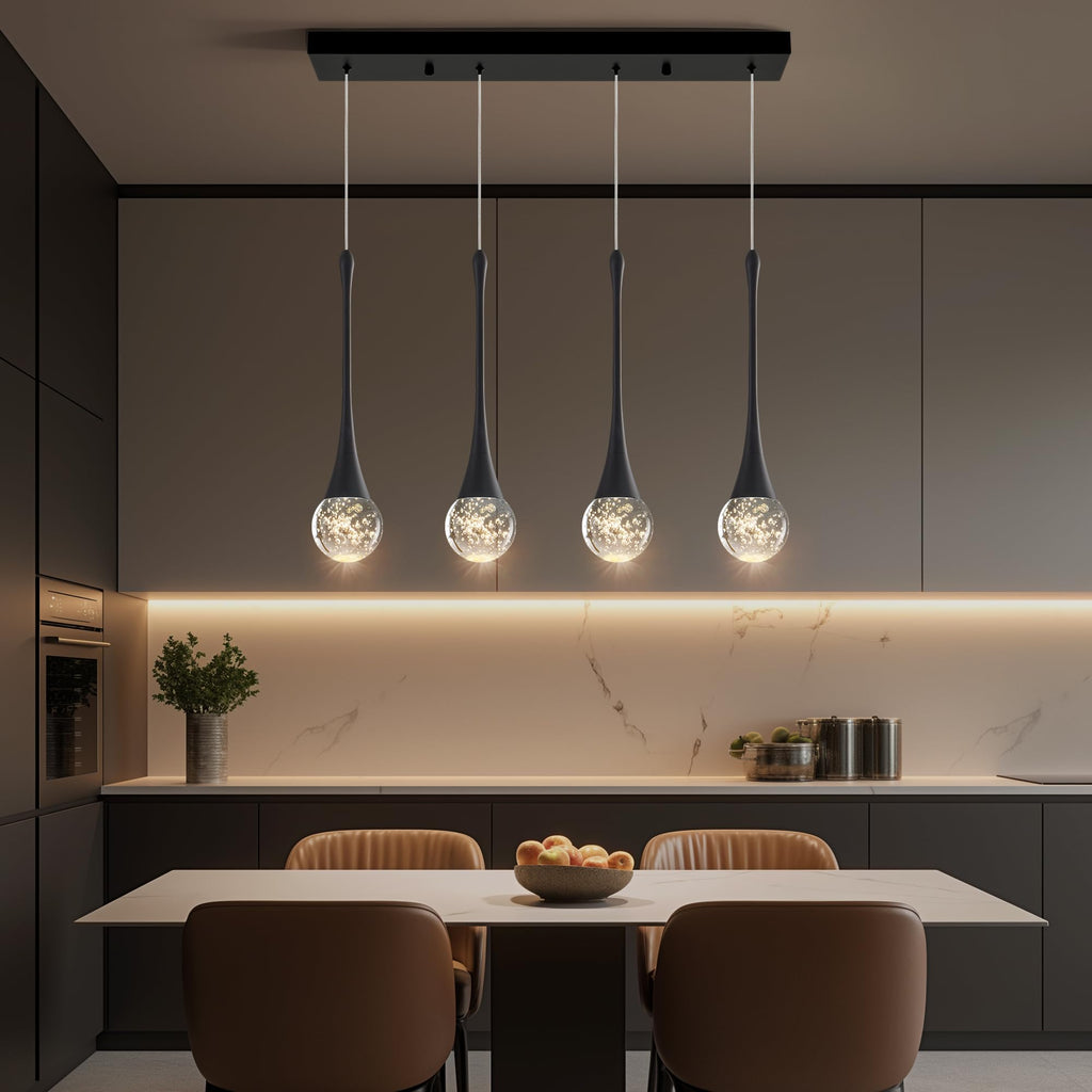 Modern Black Crystal Chandelier Island 4-Lights, Luxury Retangular Dimmable LED Bubble Raindrop Pendant Lighting