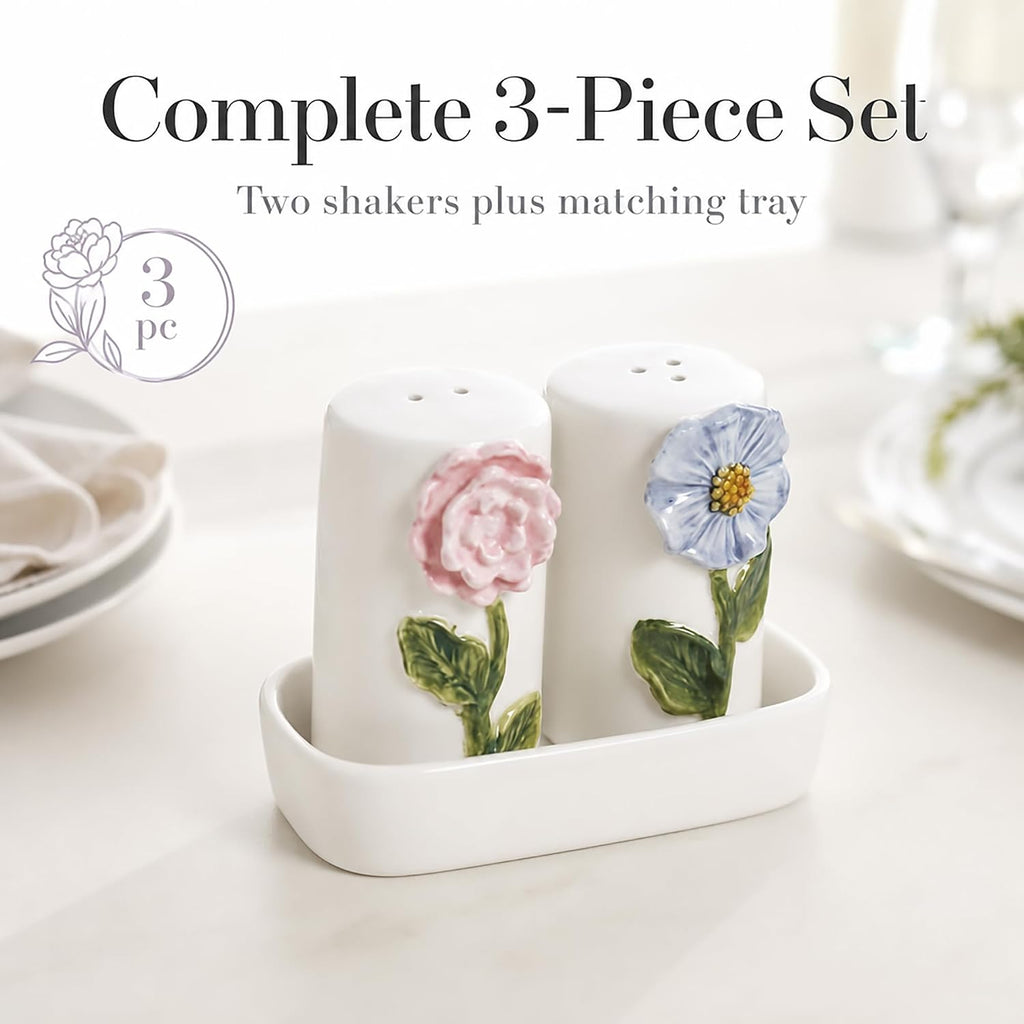 Stoneware Flower Salt And Pepper Shaker Set - Set of 3