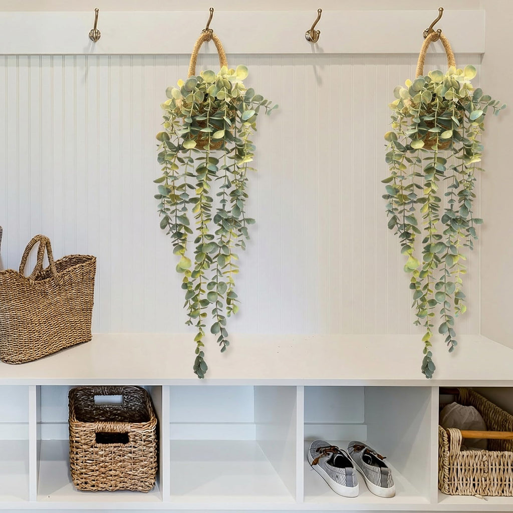 Fake Hanging Plant Decor Indoor, Eucalyptus Artificial Faux Plants in Wall Woven Planters, Jute Hanger with Black Pot
