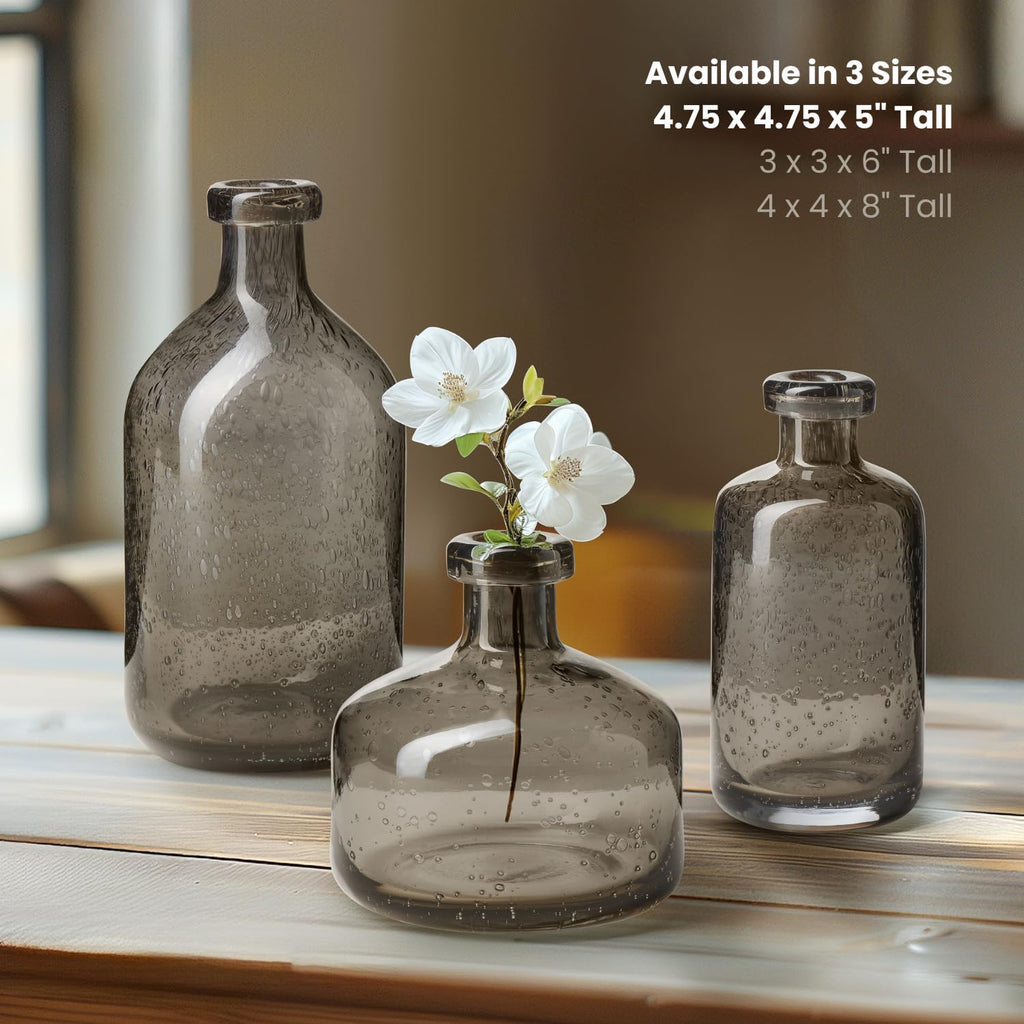5" Solid Gray Glass Vase for Flowers & Reed Diffuser Bottle, Mouth Blown & Watertight Clear Black Vases for Modern