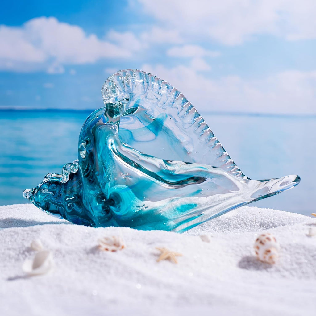 8" Blown Glass Conch Shell, Large Blue Glass Seashells Sculpture Table Centerpiece, Coastal Ocean Beach Themed Room