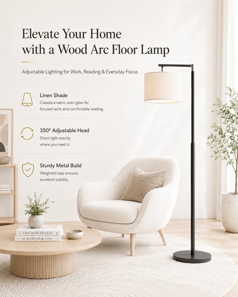 Modern Arc Floor Lamp, Adjustable Linen Shade, Black