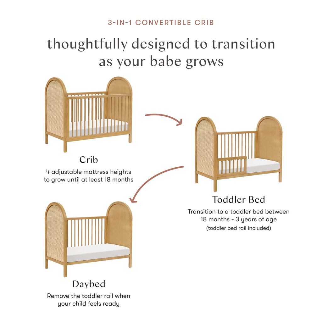 Bondi Cane 3-in-1 Convertible Baby Crib, Honey with Natural Cane | GREENGUARD Certified - Convertible to Toddler Bed