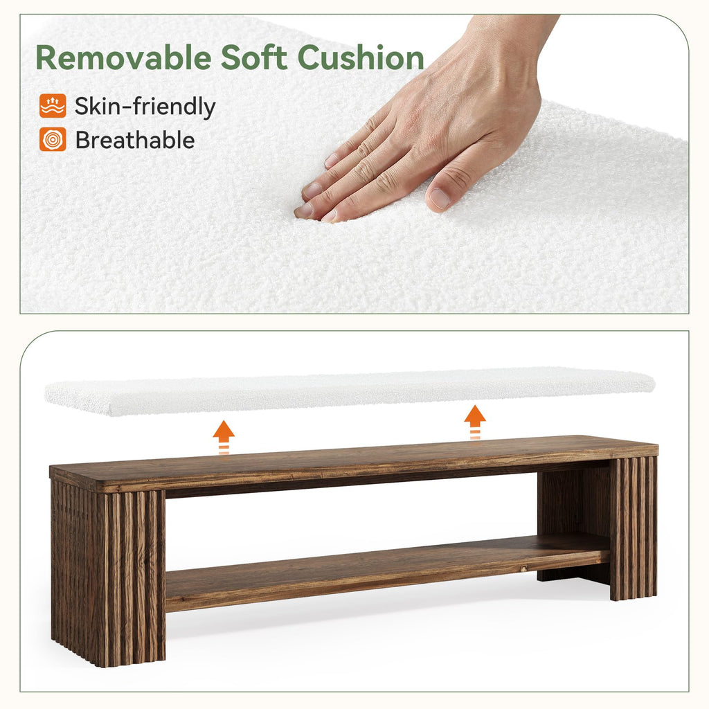 63" Solid Wood Entryway Bench, Farmhouse Upholstered End of Bed Bench with Removable Faux Lambswool Cushion and