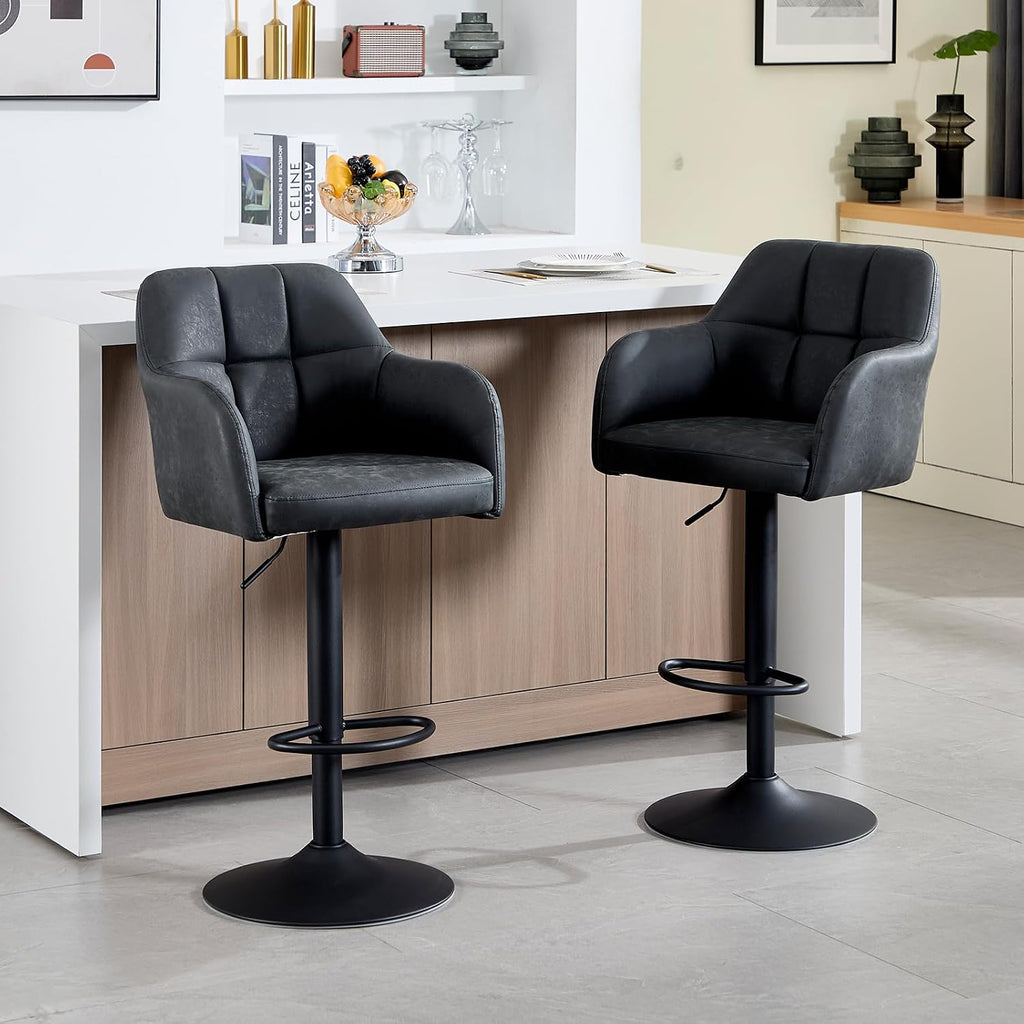 Modern Leather Barstools Set of 4 Swivel Counter Height Barstools with Armrest and Bcak Upholstered Adjustable Bar