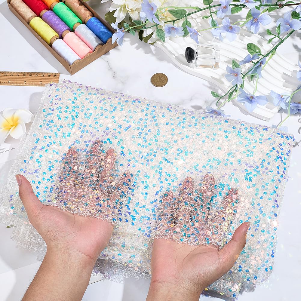 72.05 Inch White Sequin Fabric Hollow Designed Glitter Sparkly Tulle Polyester Paillette Gauze Fabrics for Sewing