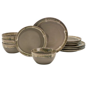 Gallery Tuscan Collection Reactive Glaze 12 Piece Stoneware Dinnerware Set Dining Kitchen Tableware Plates Bowls