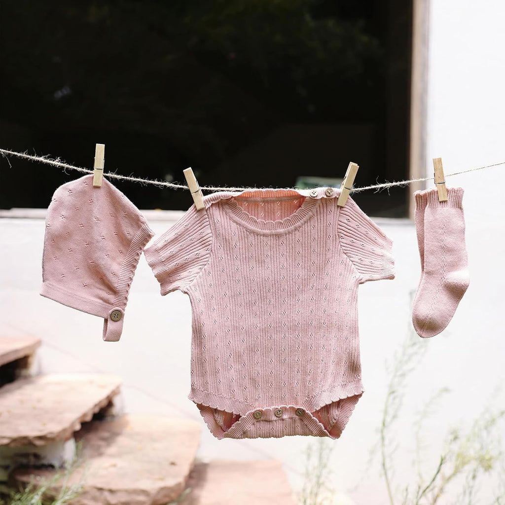 Cotton Baby Set with Knitted Short Sleeve Sweater, Hat, Socks