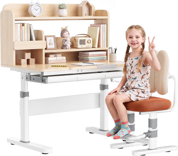 Kids Desk and Chair Set, Adjustable Study Table with Tiltable Desktop & Storage Drawer, Ergonomic Desk for Boys