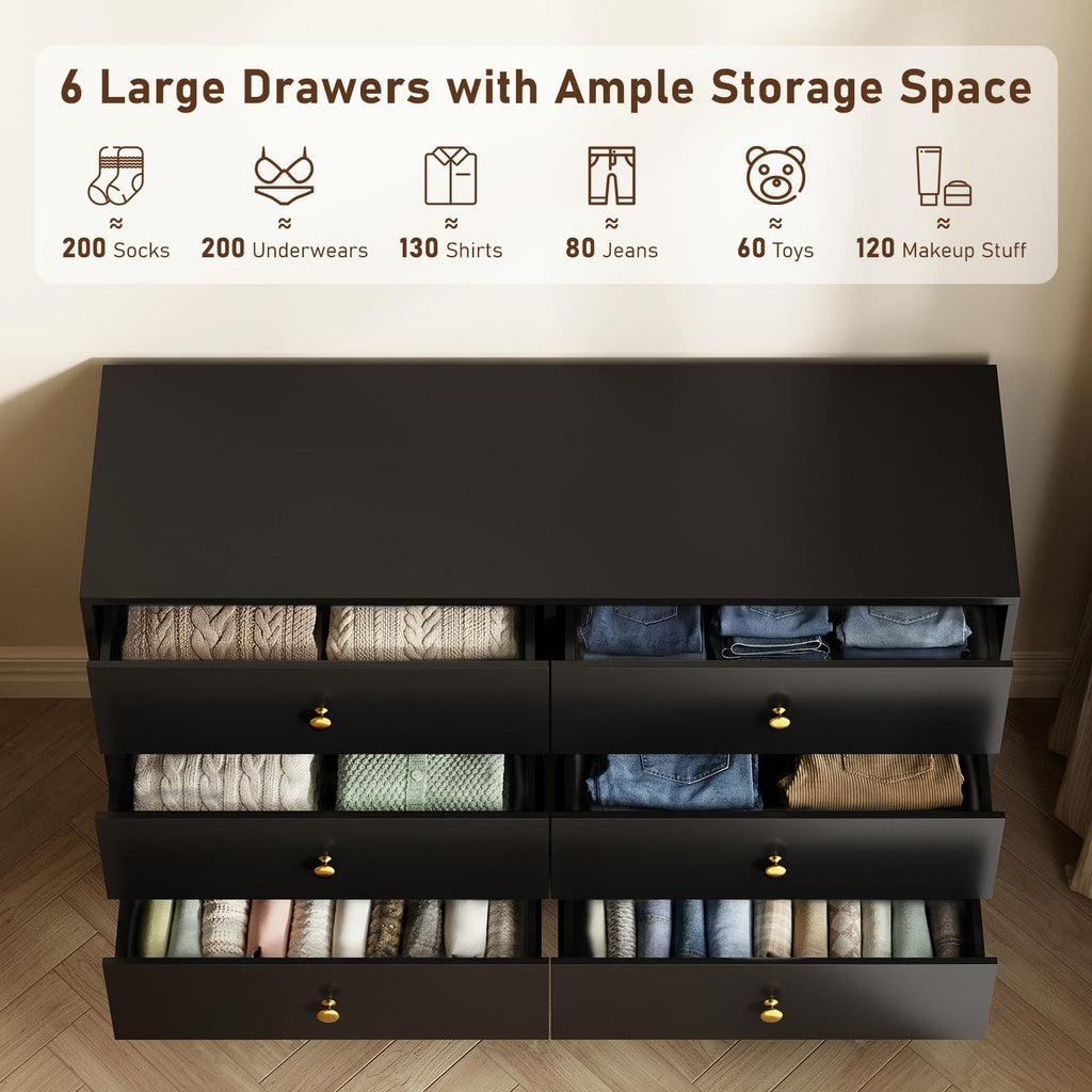 Black Dresser, 6 Drawer Dresser with Golden Handles, Large Storage Cabinet, Modern Chest of Drawers Organizer