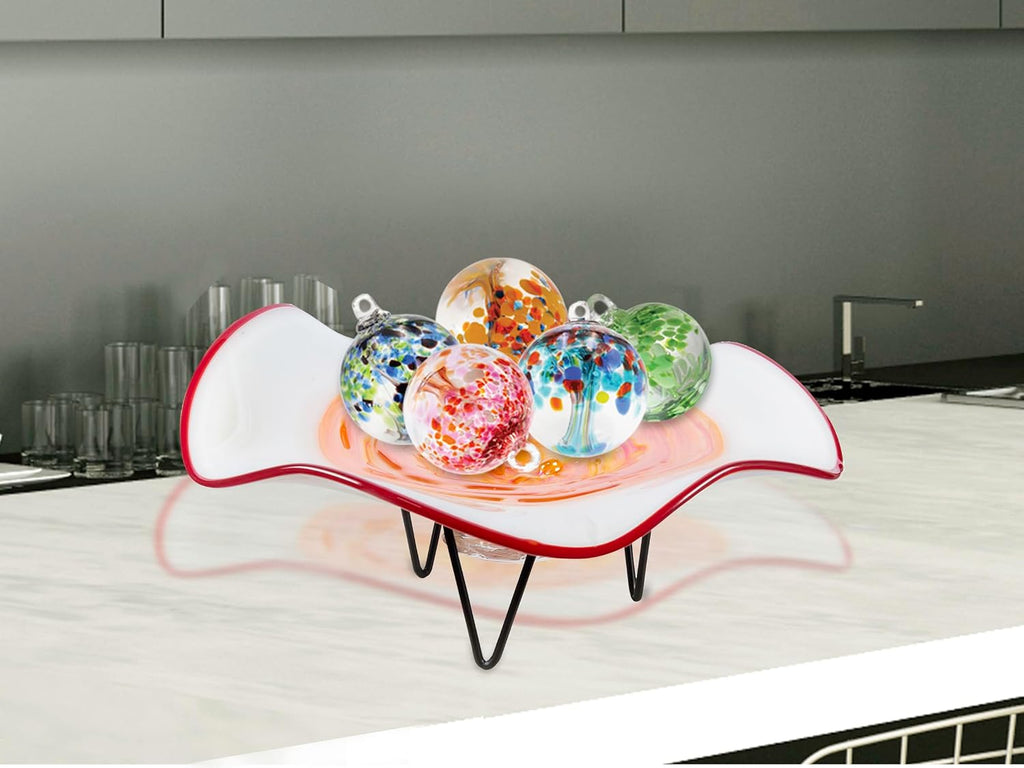 AV23010 Cavalier Hand Blown Art Glass Bowl with Decorative Centerpiece Stand, White Orange, 18-Inch Wide