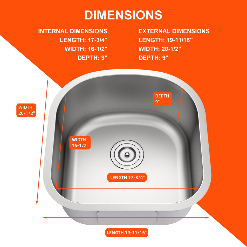 20 Inch Undermount D Shape Single Bowl Kitchen Sink