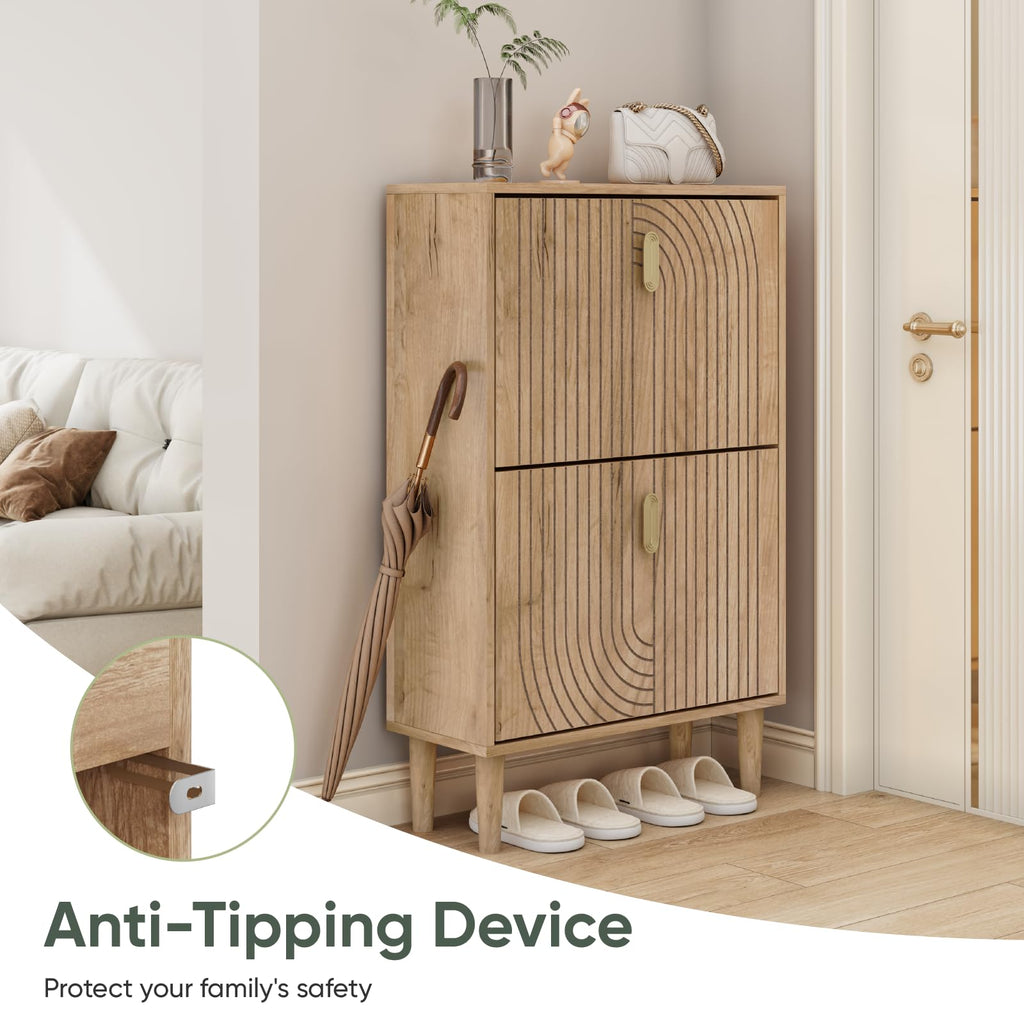 Shoe Cabinet with 2 Flip Drawers, 23.6" Oak Hidden Shoe Storage Cabinet with Line Groove Design, Freestanding Shoe
