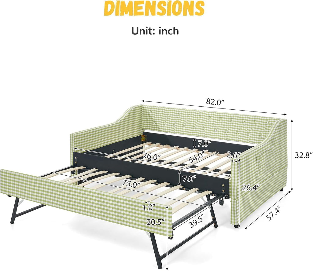 Full to King Daybed with Trundle, 3‐in‐1 Upholstered Full Size Daybed with Button Tufted Backrest, Extendable