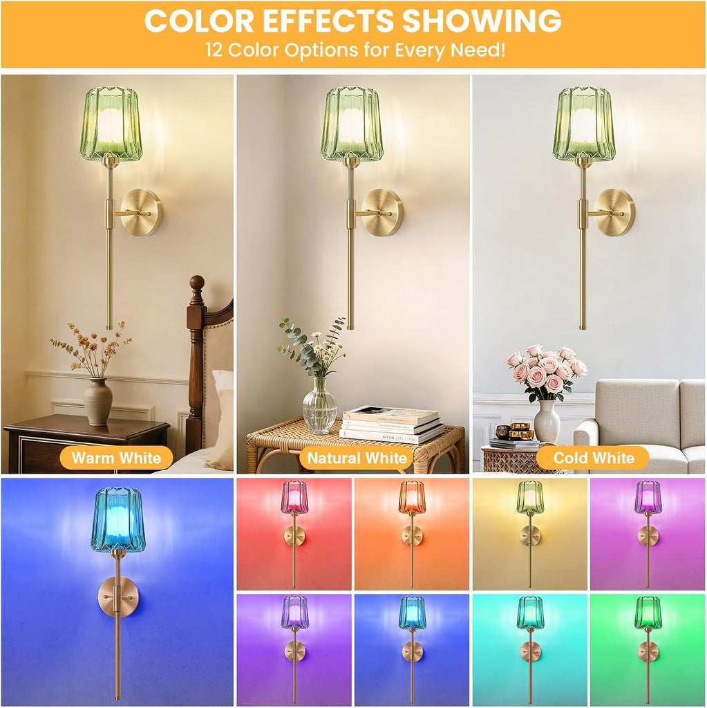 Crystal Battery Operated Wall Sconces Set of 2, Green Rechargeable Wireless Wall Sconce Lights with Crystal