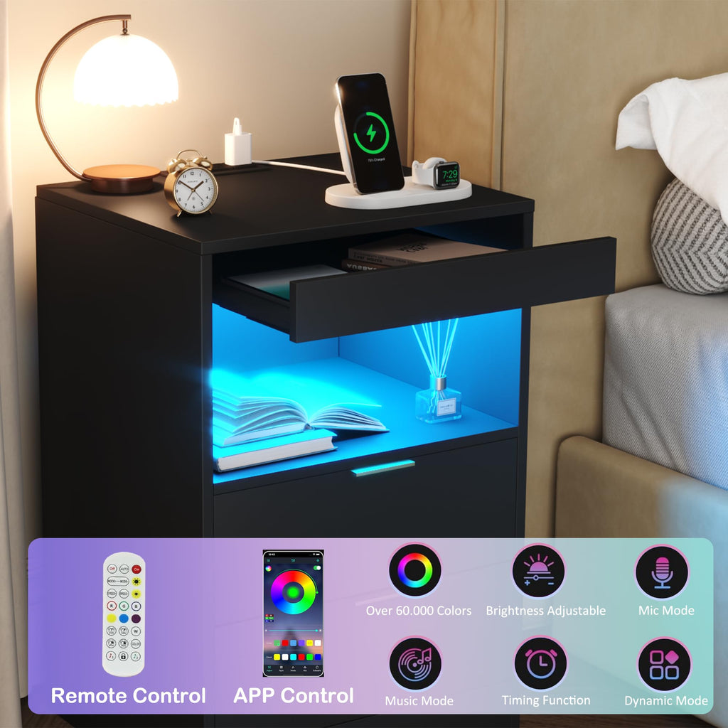 Night Stand, LED Nightstand with Charging Station, Black