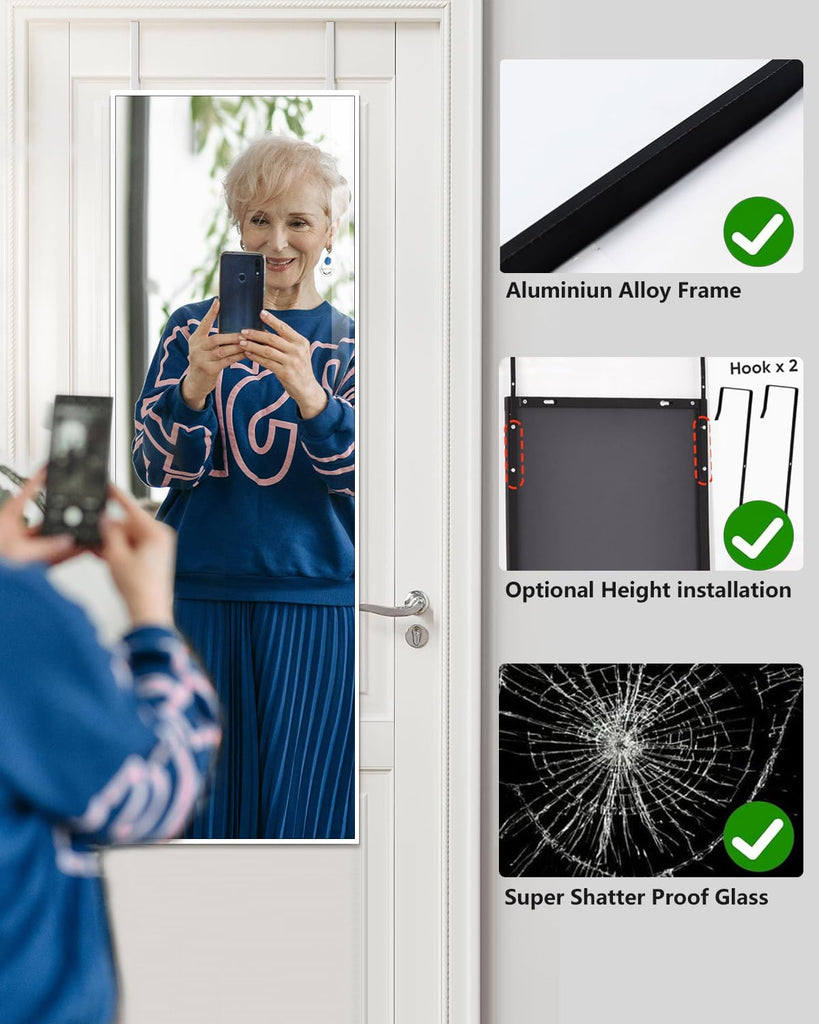 48x14 Over Door Full Length Mirror No Drill Hanging Silver White