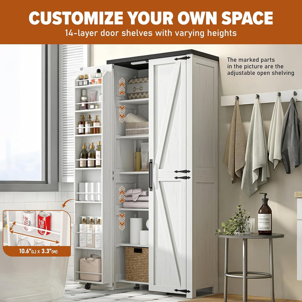 Food Pantry Storage Cabinet with Led Light, 71" Tall Farmhouse Kitchen Pantry Cabinet with Adjustable Shelves, Free