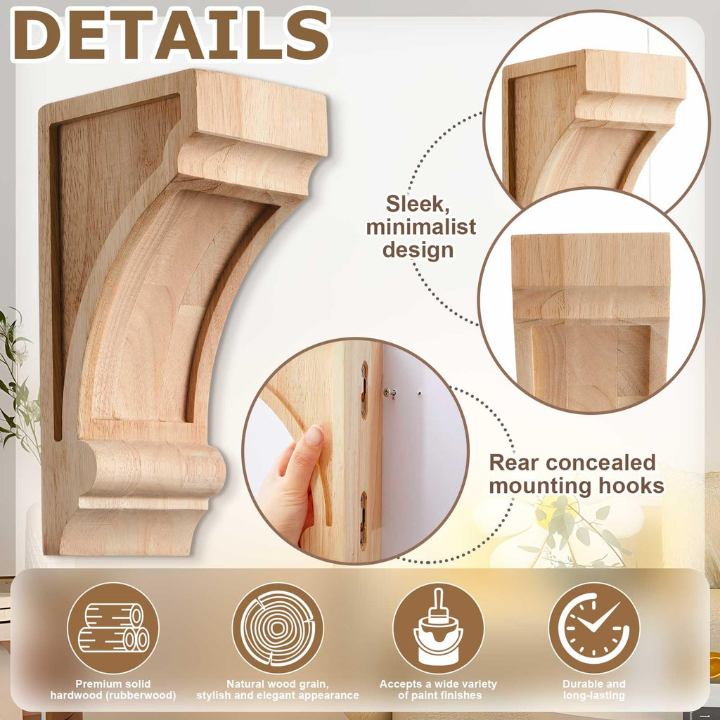 2 Pack Solid Wood Corbels, 3 1/4" w X 4" d X 8" h, Built-in