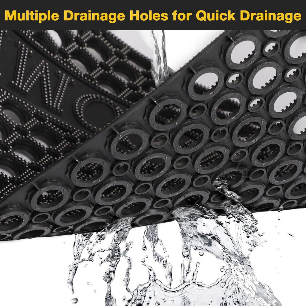 31"x 47" Black Non Slip Waterproof Welcome Rubber Door Mat with Holes, Outdoor Rubber Mats with Drainage for