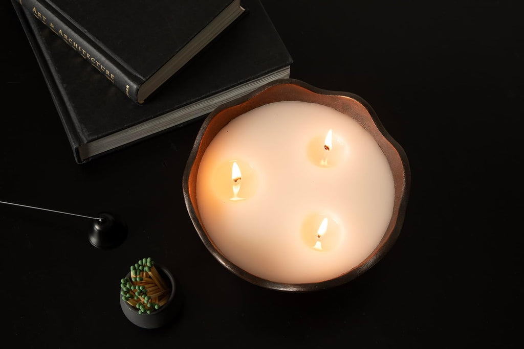 Alessia Scalloped Round Metal Candle Bowl, 8 Inch Diameter, Bronze, Modern Three-Wick Unscented Candle