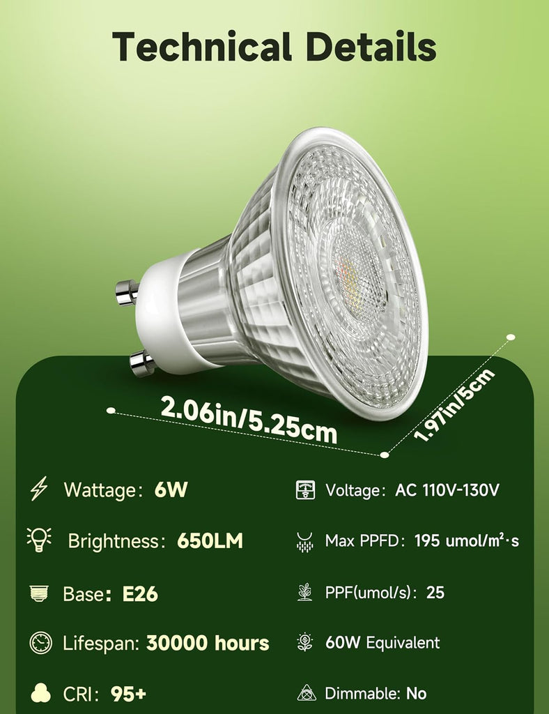 6W GU10 LED Grow Light Bulb,6 Pack Full Spectrum 4000K