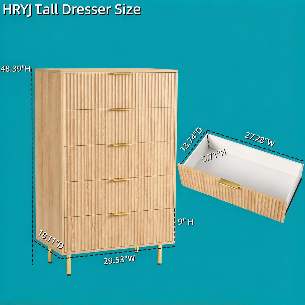 Fluted 5 Drawers Bedroom Dresser, 48" Tall Chest of Drawers Gold Handle, Oak