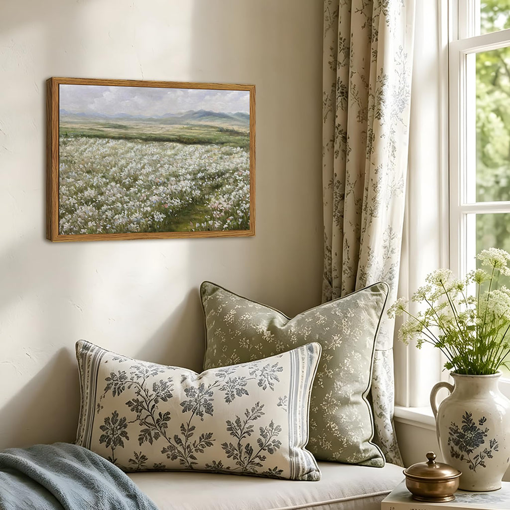 Framed Vintage Landscape Wall Art, Country Wildflower Field Pictures Wall Decor, Rustic Nature Flower Paintings