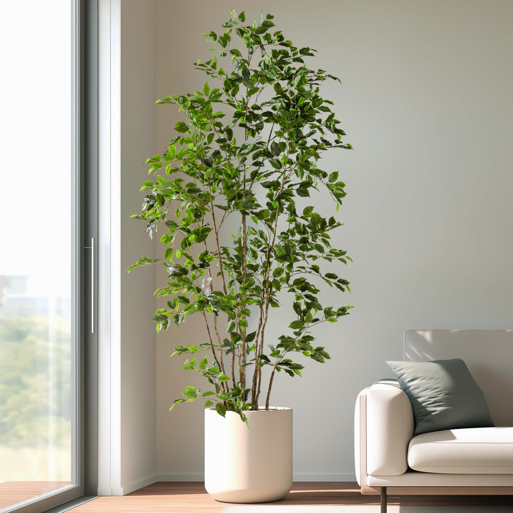 Artificial Ficus Tree Indoor 8ft, Large Potted Faux Tree with Realistic Silk Leaves & Trunk Corner Decor