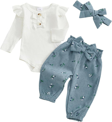 Baby Girl 3pcs Outfit Set Ribbed Bodysuit Floral Bow Jogger Pants